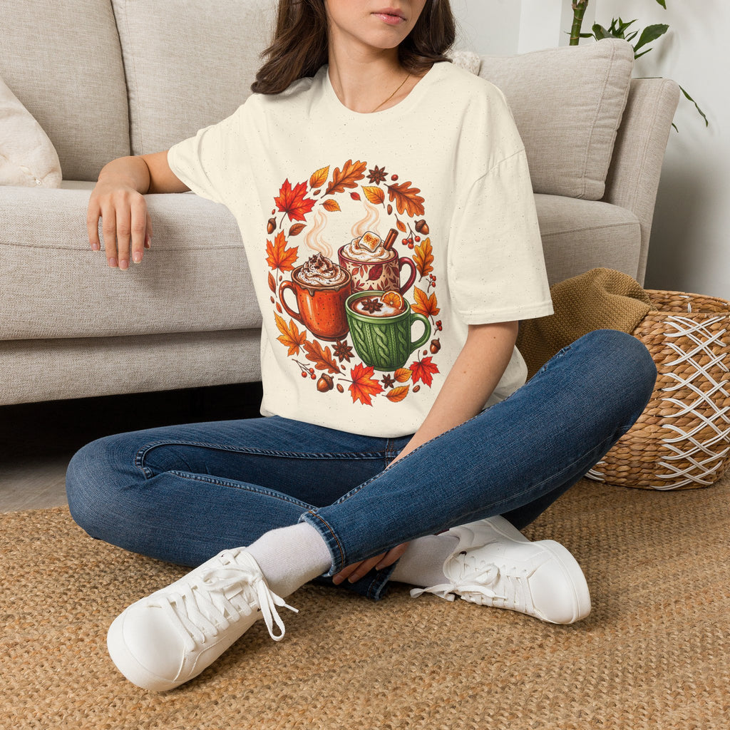 Autumn Coffee Mug Trio T-Shirt — Cozy Fall Leaves Hot Chocolate Latte Tee