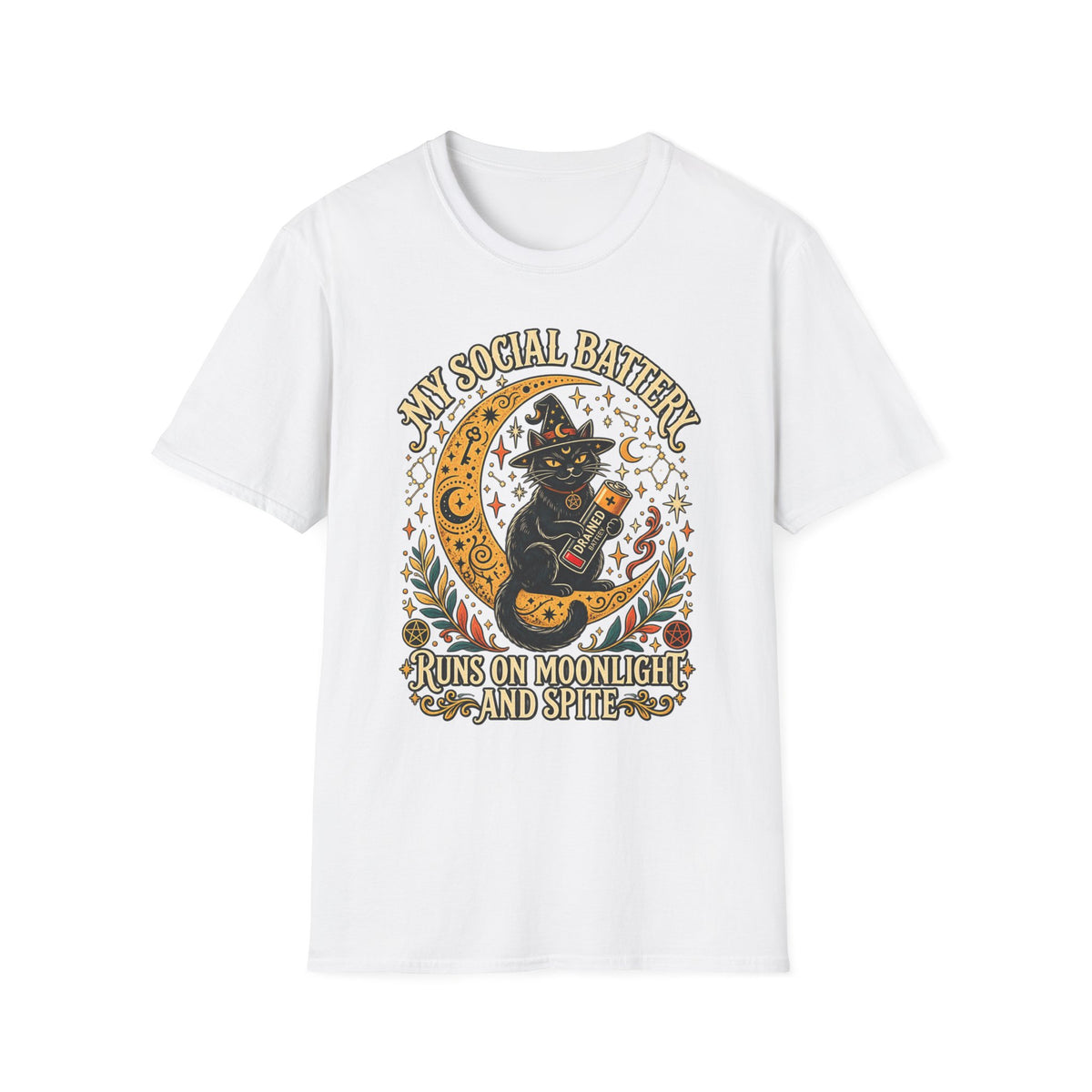 T-Shirt — "My Social Battery Runs on Moonlight and Spite" Black Cat Moon Graphic