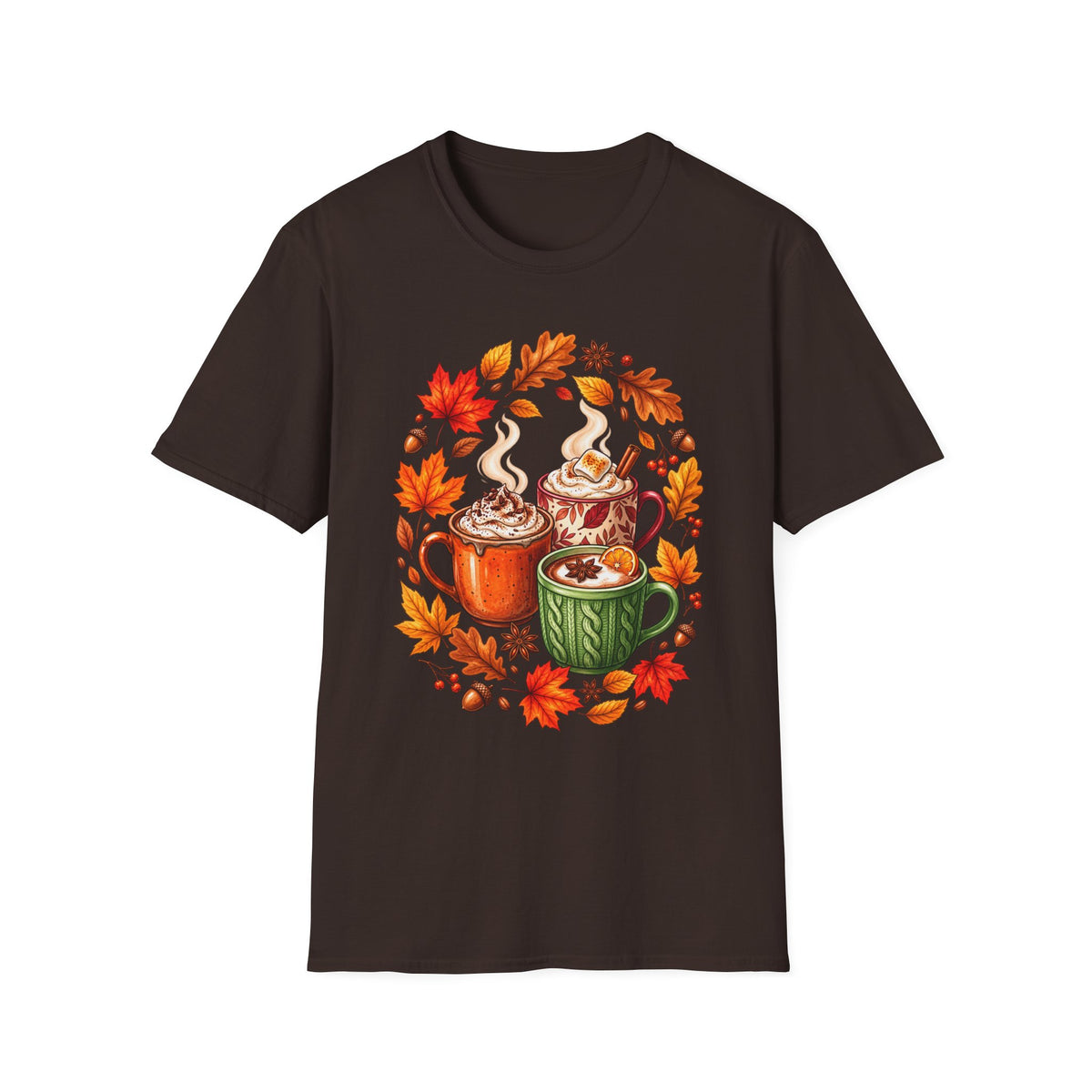 Autumn Coffee Mug Trio T-Shirt — Cozy Fall Leaves Hot Chocolate Latte Tee