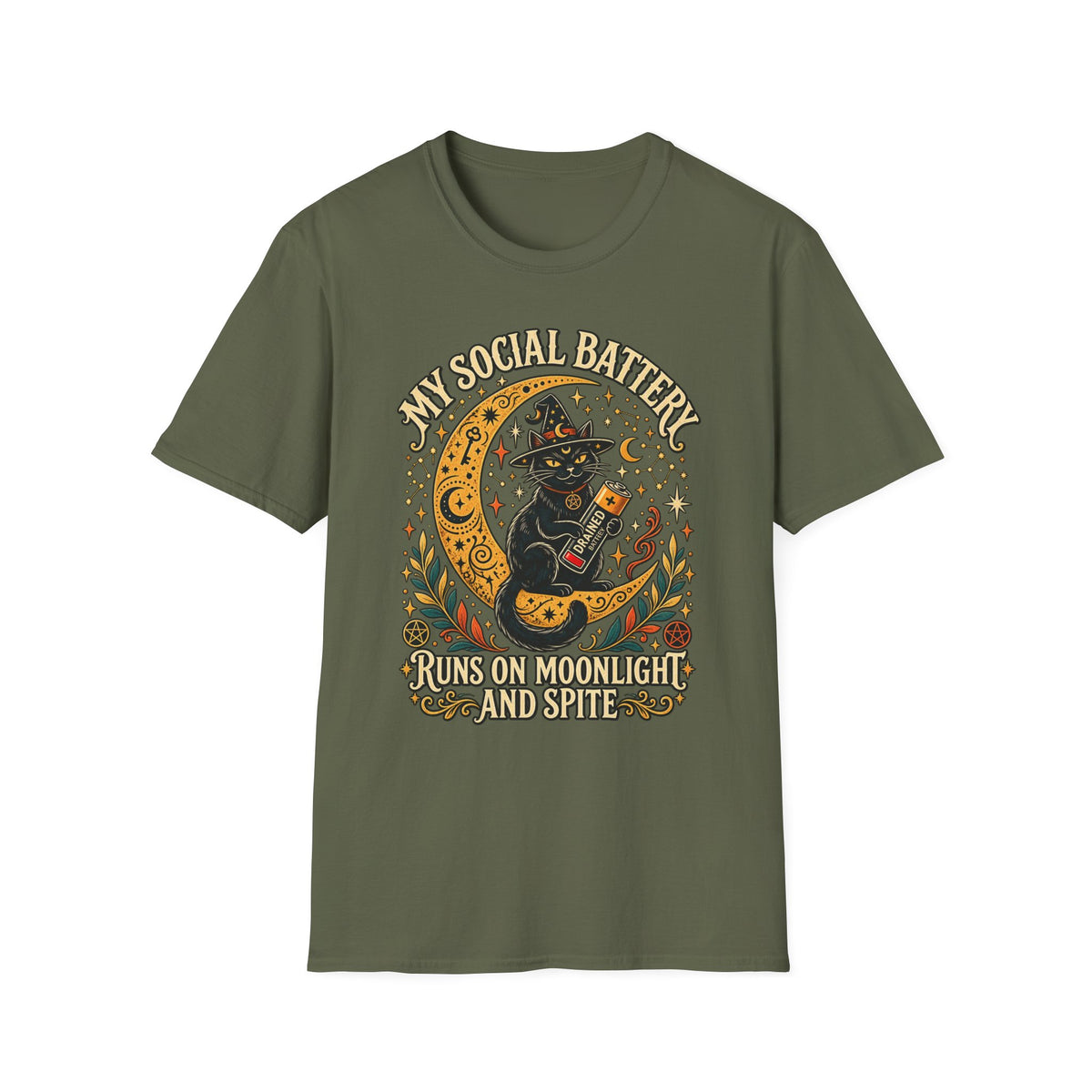 T-Shirt — "My Social Battery Runs on Moonlight and Spite" Black Cat Moon Graphic