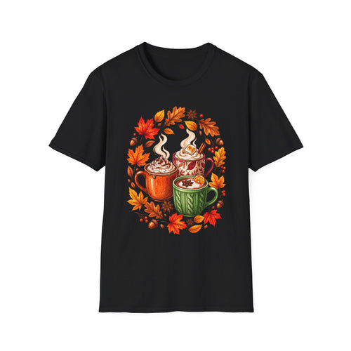 Autumn Coffee Mug Trio T-Shirt — Cozy Fall Leaves Hot Chocolate Latte Tee