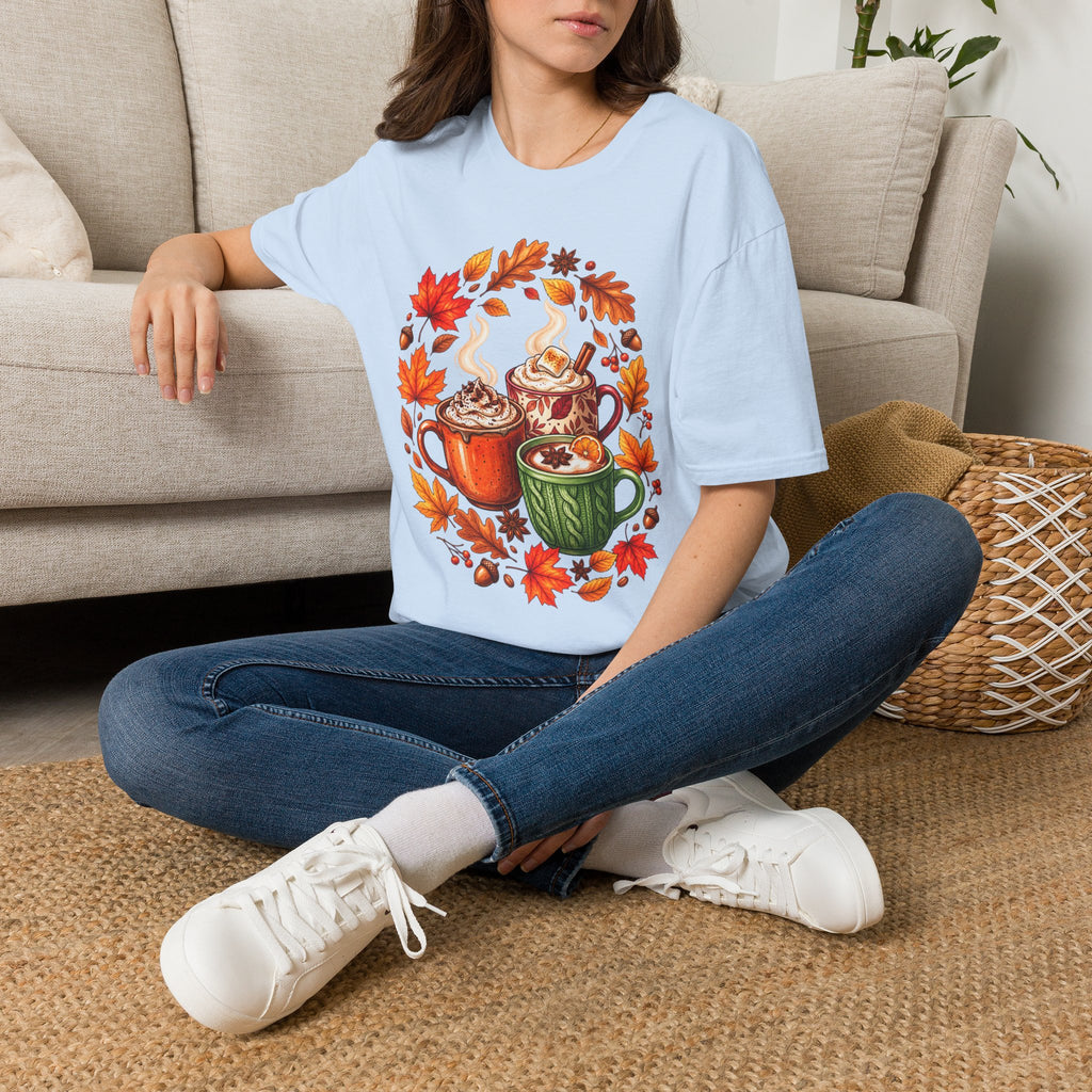 Autumn Coffee Mug Trio T-Shirt — Cozy Fall Leaves Hot Chocolate Latte Tee