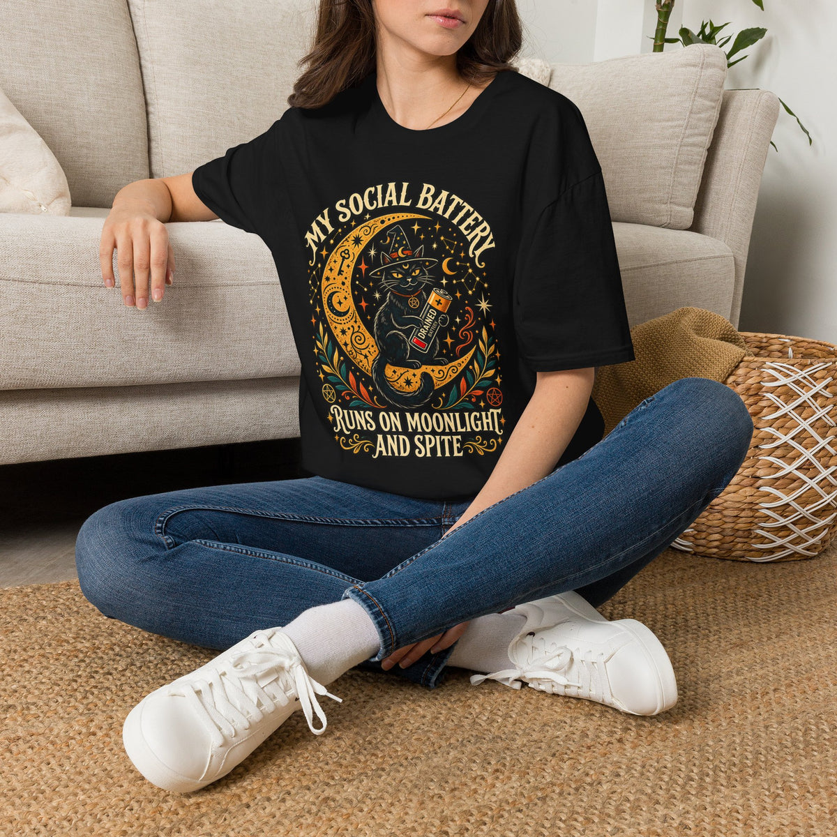 T-Shirt — "My Social Battery Runs on Moonlight and Spite" Black Cat Moon Graphic