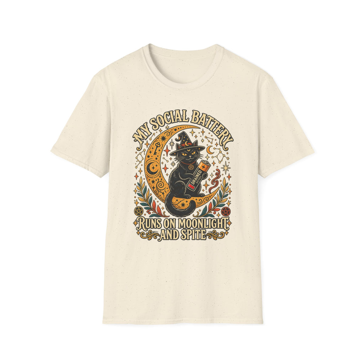 T-Shirt — "My Social Battery Runs on Moonlight and Spite" Black Cat Moon Graphic