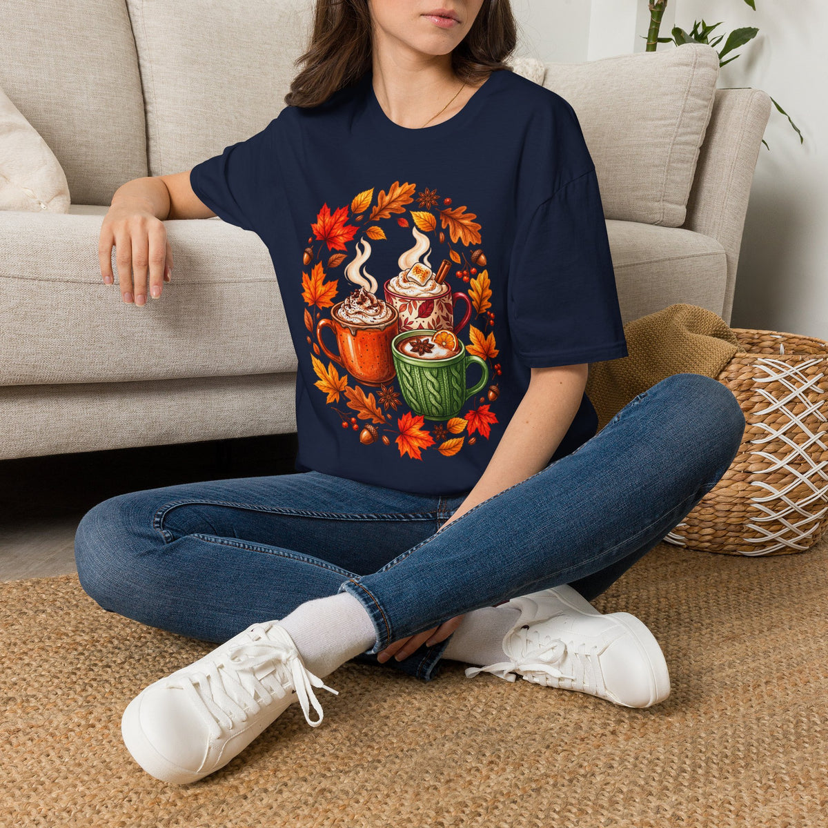 Autumn Coffee Mug Trio T-Shirt — Cozy Fall Leaves Hot Chocolate Latte Tee