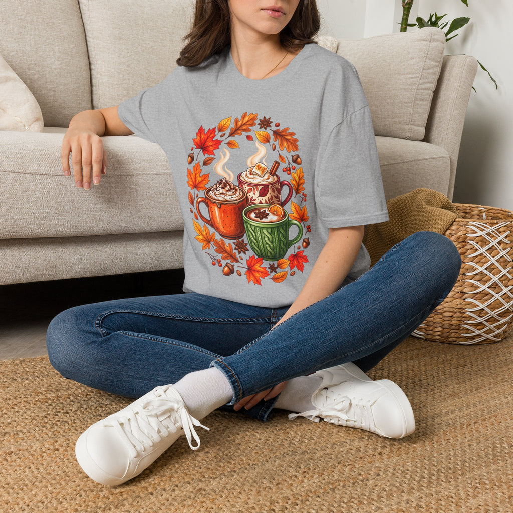 Autumn Coffee Mug Trio T-Shirt — Cozy Fall Leaves Hot Chocolate Latte Tee