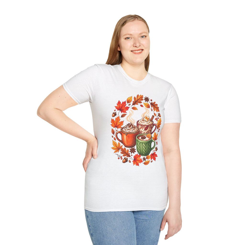 Autumn Coffee Mug Trio T-Shirt — Cozy Fall Leaves Hot Chocolate Latte Tee