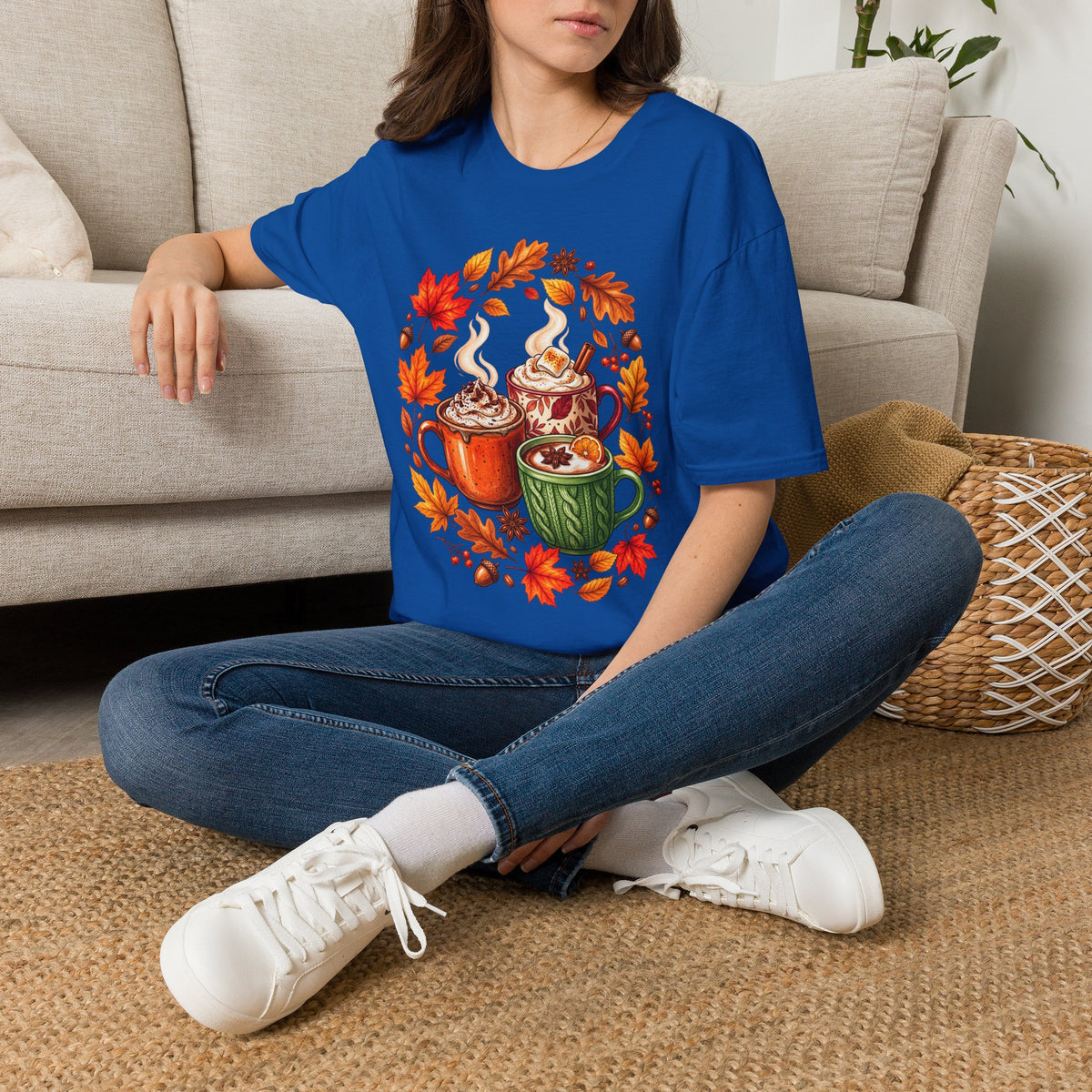 Autumn Coffee Mug Trio T-Shirt — Cozy Fall Leaves Hot Chocolate Latte Tee