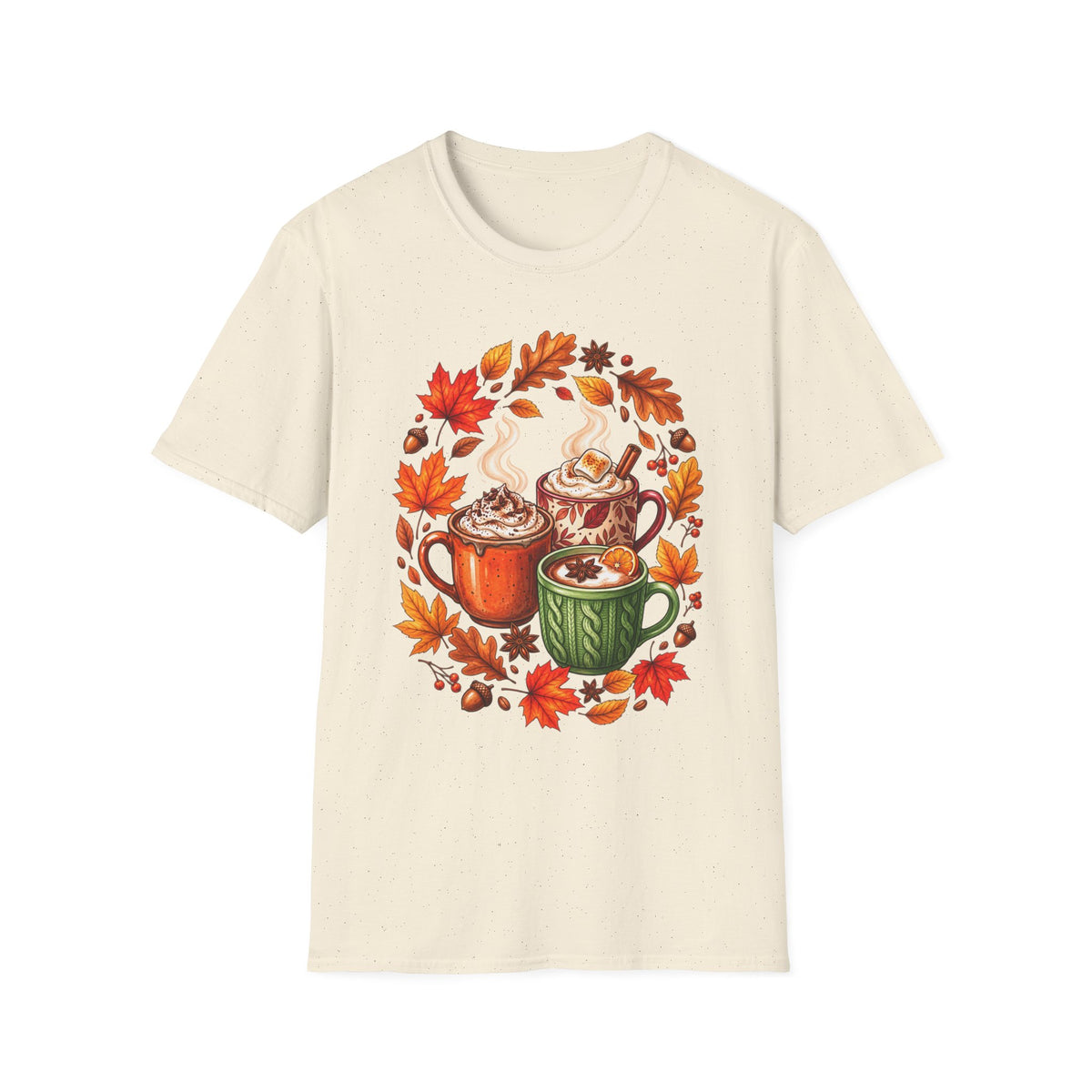Autumn Coffee Mug Trio T-Shirt — Cozy Fall Leaves Hot Chocolate Latte Tee