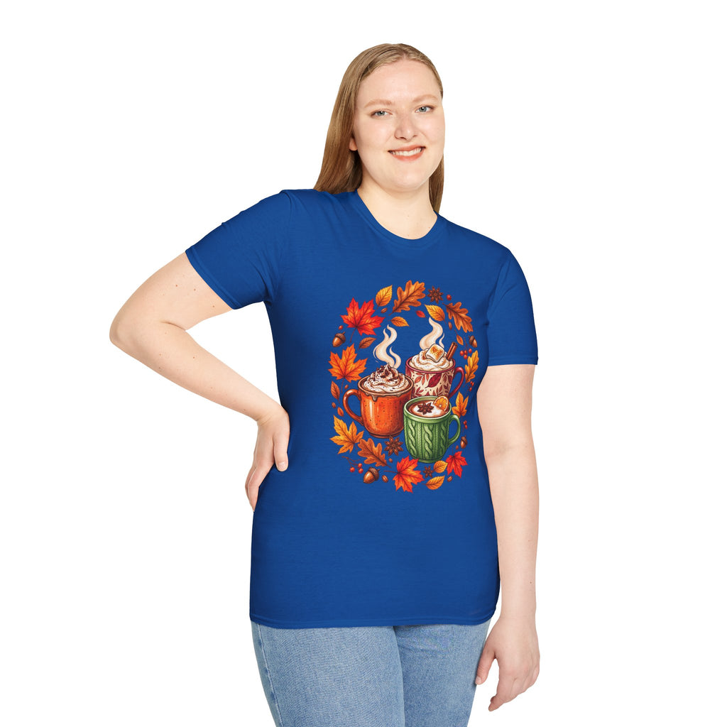 Autumn Coffee Mug Trio T-Shirt — Cozy Fall Leaves Hot Chocolate Latte Tee
