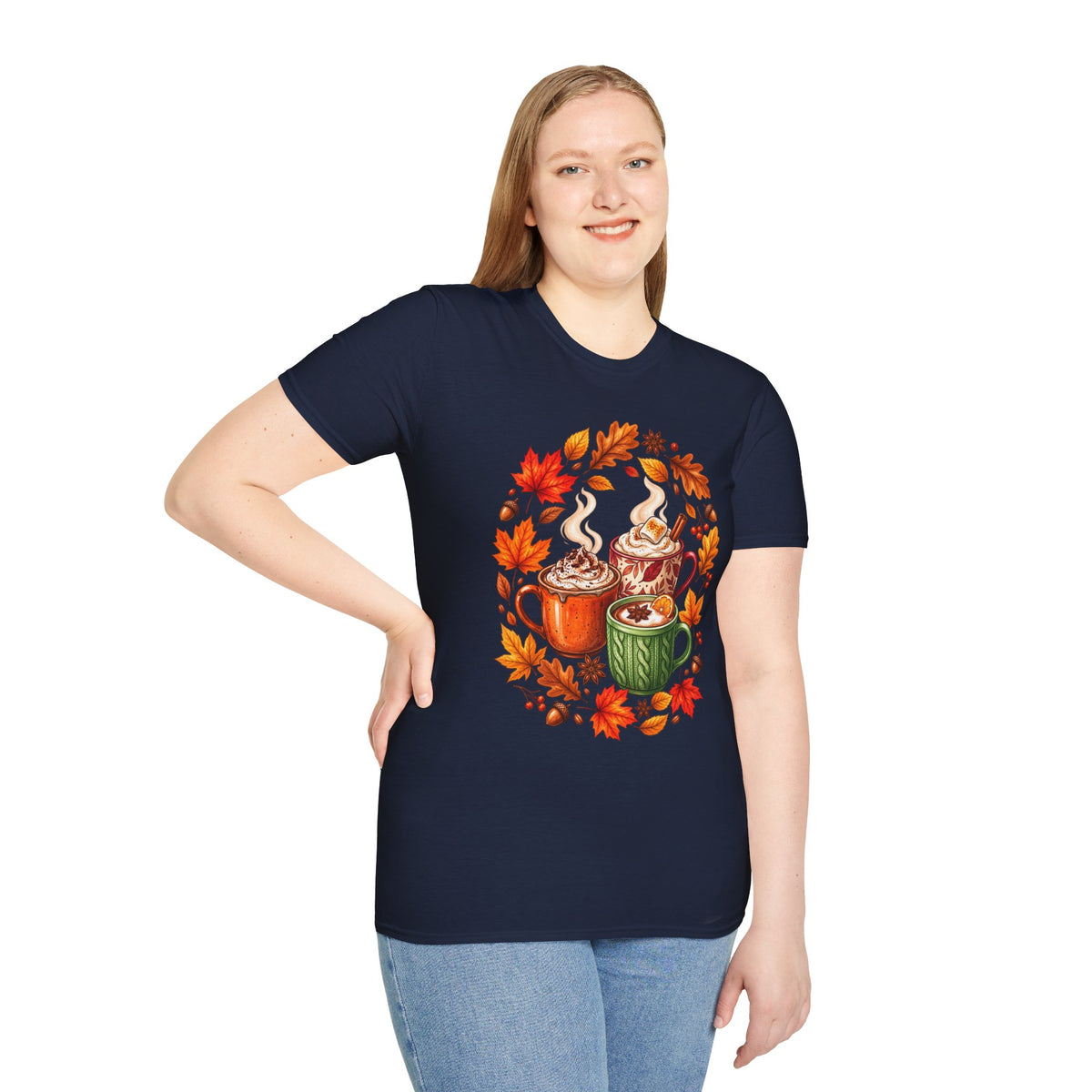 Autumn Coffee Mug Trio T-Shirt — Cozy Fall Leaves Hot Chocolate Latte Tee