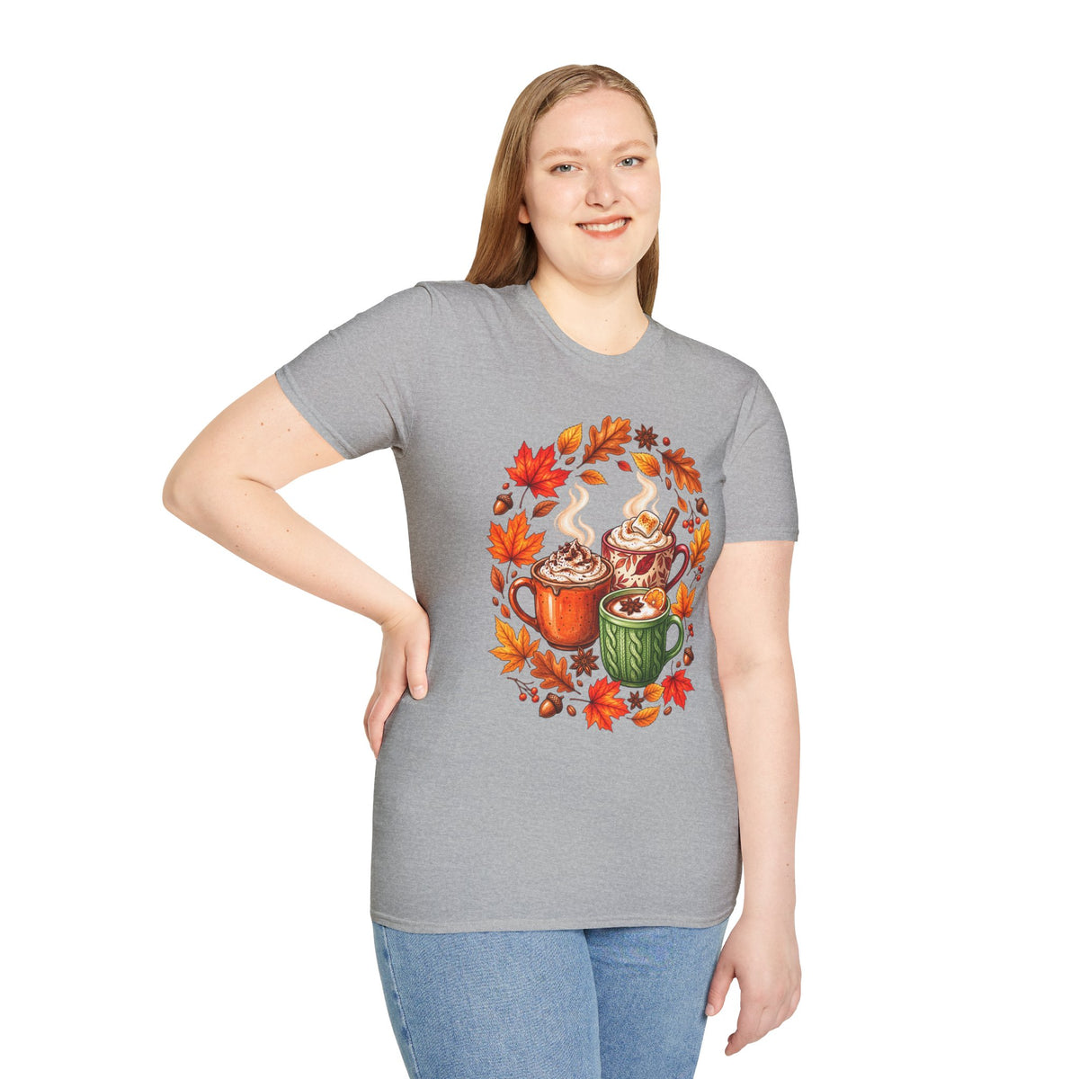 Autumn Coffee Mug Trio T-Shirt — Cozy Fall Leaves Hot Chocolate Latte Tee