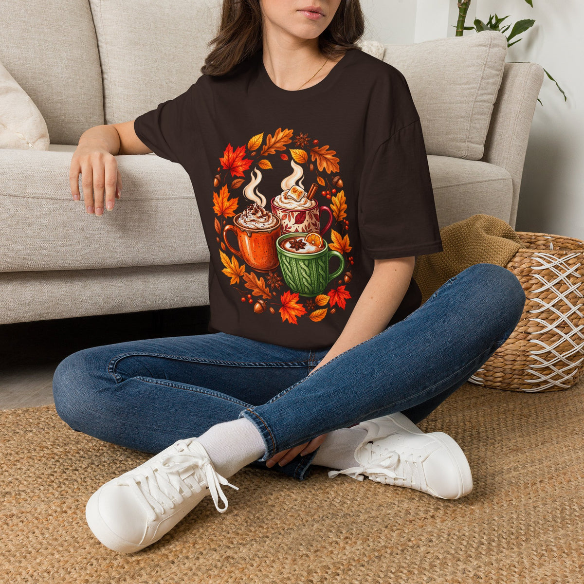 Autumn Coffee Mug Trio T-Shirt — Cozy Fall Leaves Hot Chocolate Latte Tee