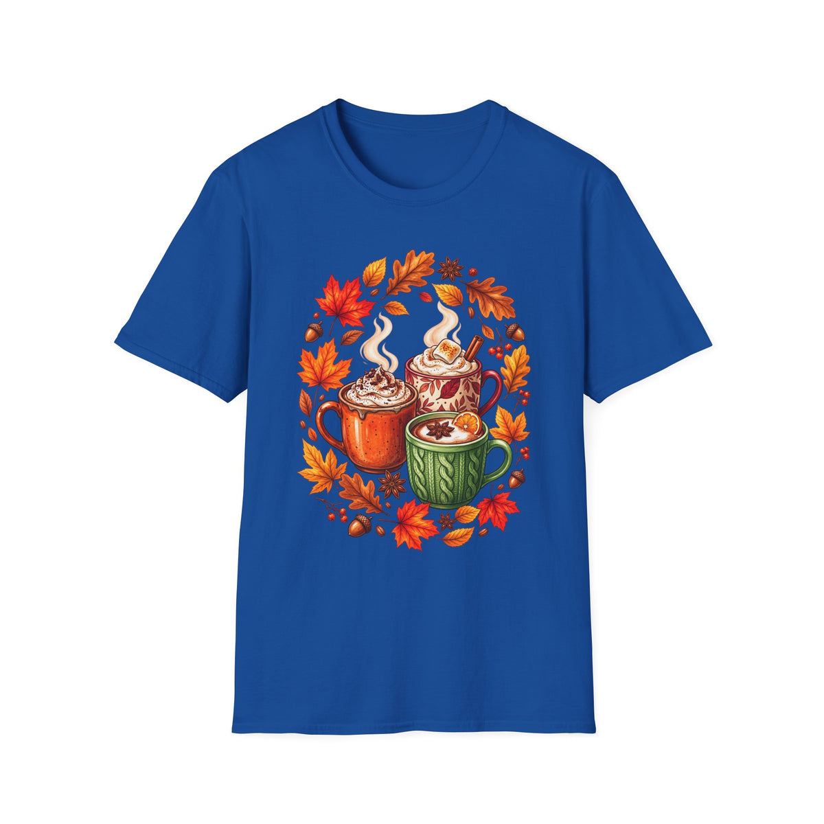 Autumn Coffee Mug Trio T-Shirt — Cozy Fall Leaves Hot Chocolate Latte Tee