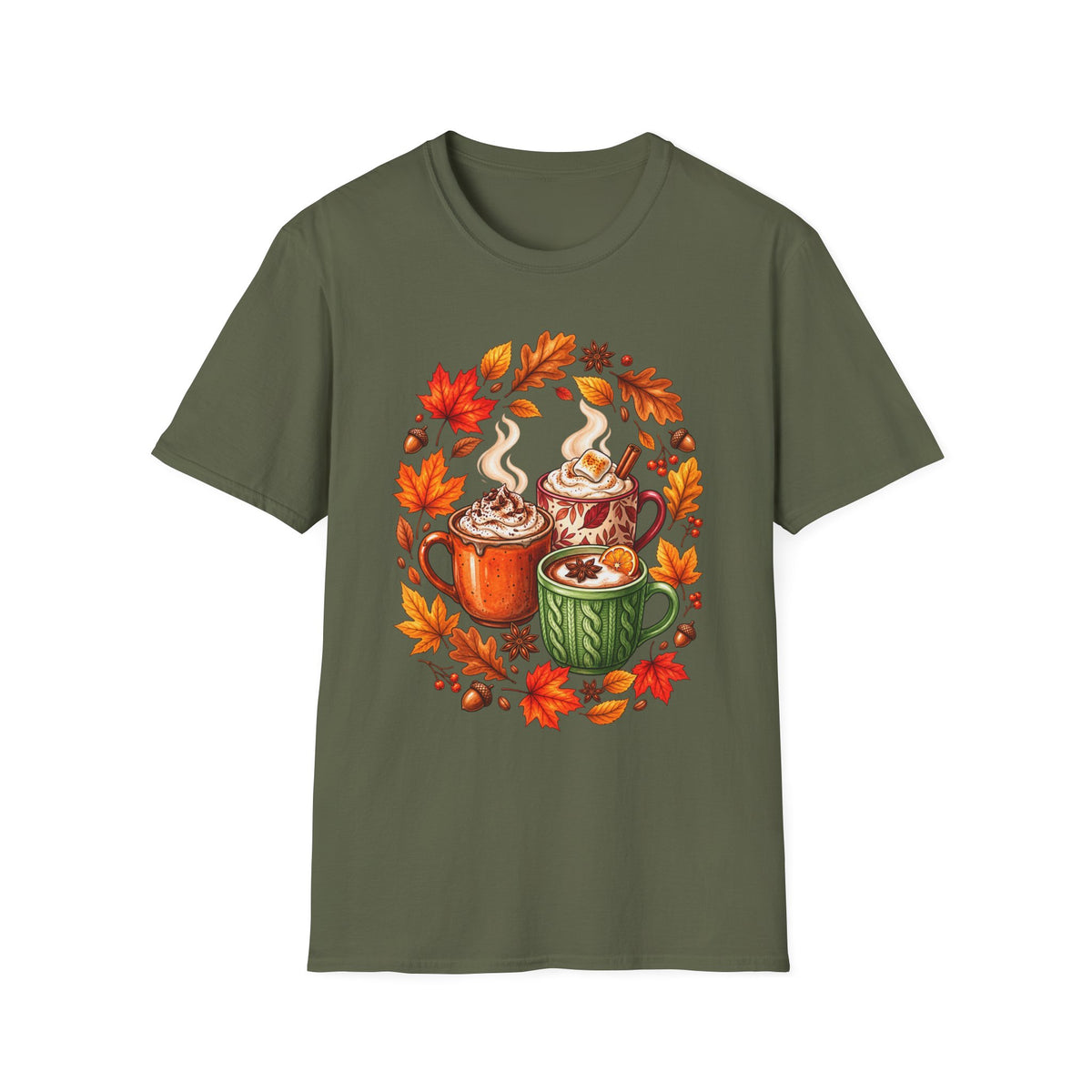 Autumn Coffee Mug Trio T-Shirt — Cozy Fall Leaves Hot Chocolate Latte Tee