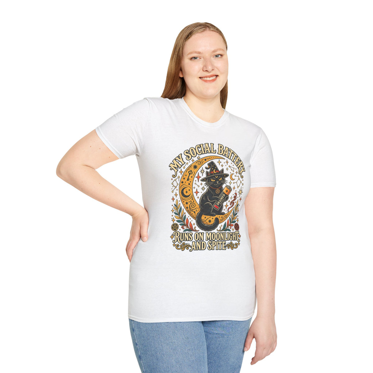 T-Shirt — "My Social Battery Runs on Moonlight and Spite" Black Cat Moon Graphic