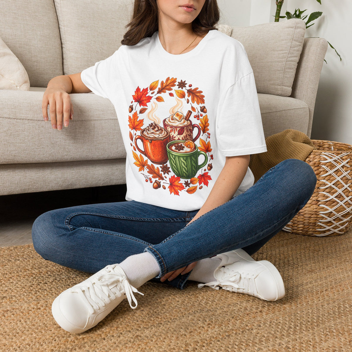 Autumn Coffee Mug Trio T-Shirt — Cozy Fall Leaves Hot Chocolate Latte Tee