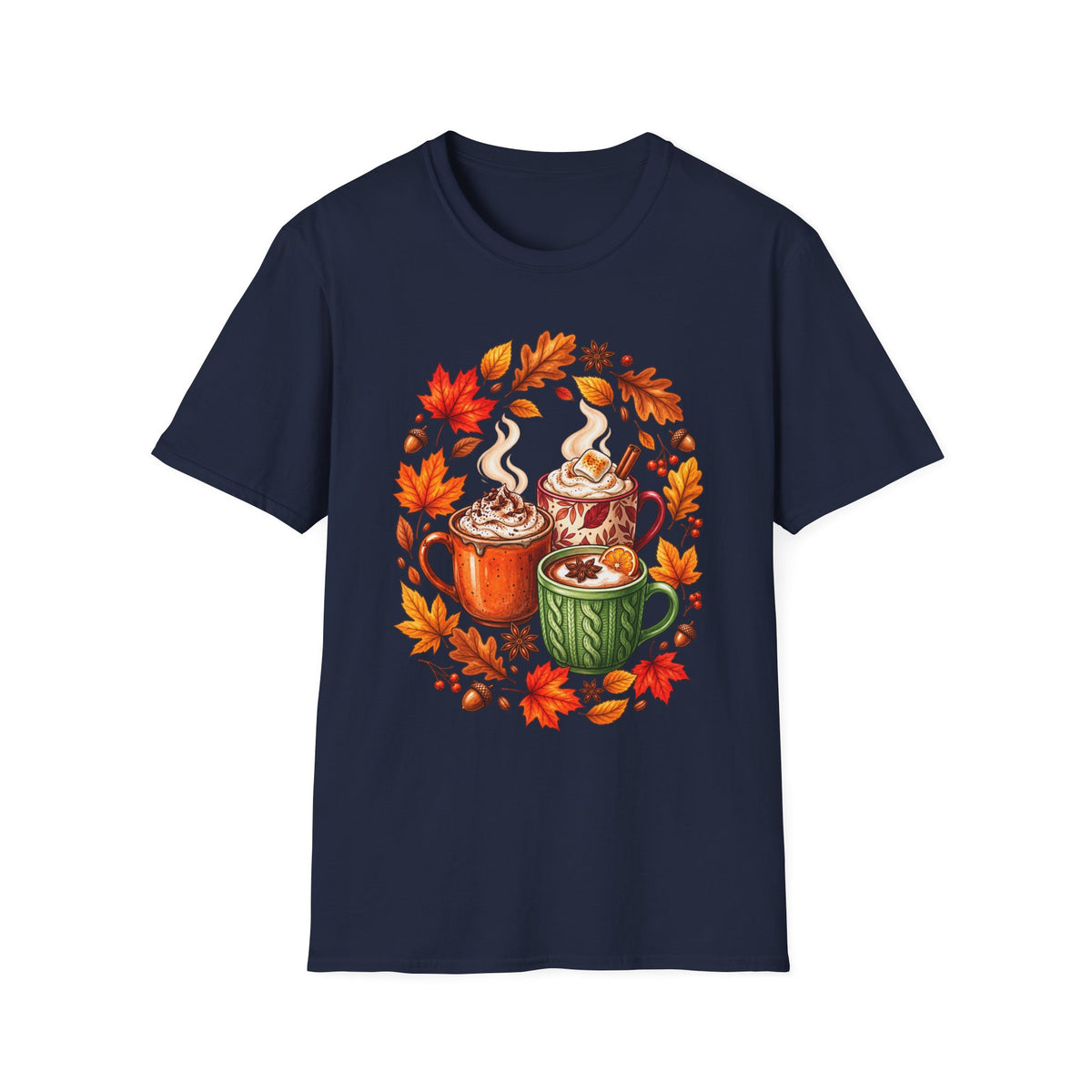 Autumn Coffee Mug Trio T-Shirt — Cozy Fall Leaves Hot Chocolate Latte Tee