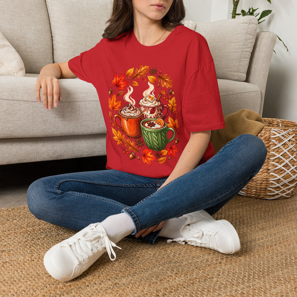 Autumn Coffee Mug Trio T-Shirt — Cozy Fall Leaves Hot Chocolate Latte Tee