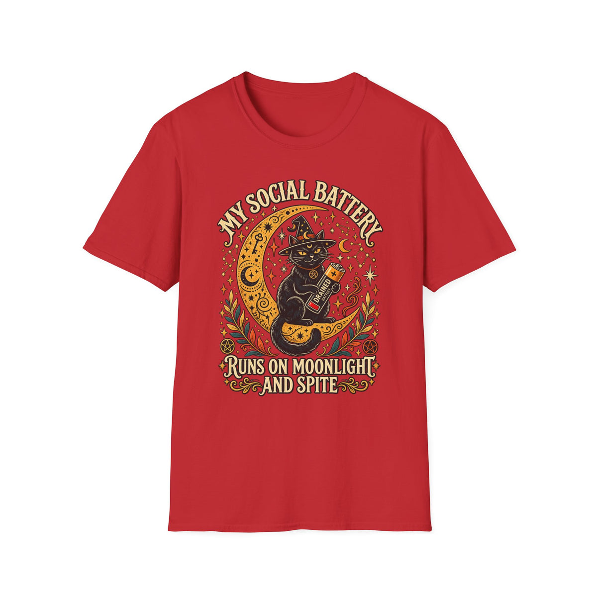 T-Shirt — "My Social Battery Runs on Moonlight and Spite" Black Cat Moon Graphic