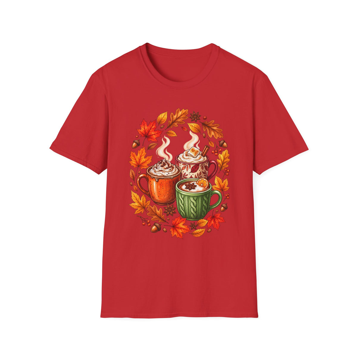 Autumn Coffee Mug Trio T-Shirt — Cozy Fall Leaves Hot Chocolate Latte Tee
