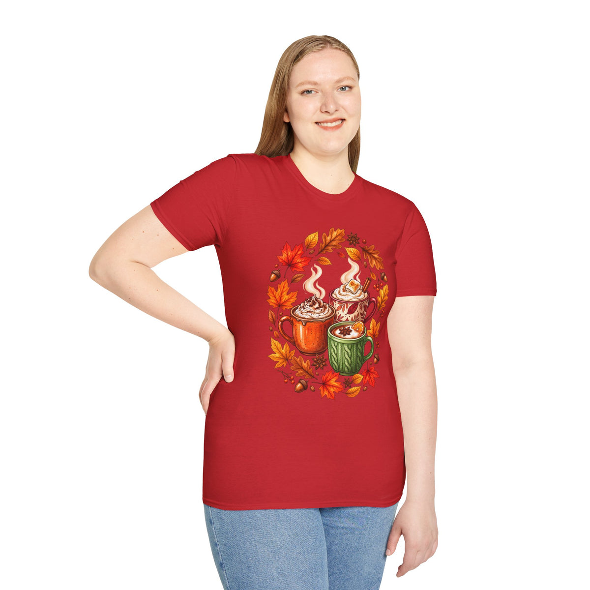 Autumn Coffee Mug Trio T-Shirt — Cozy Fall Leaves Hot Chocolate Latte Tee