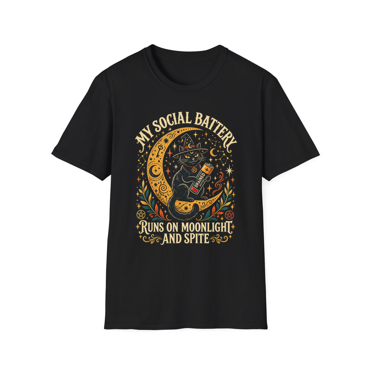 T-Shirt — "My Social Battery Runs on Moonlight and Spite" Black Cat Moon Graphic