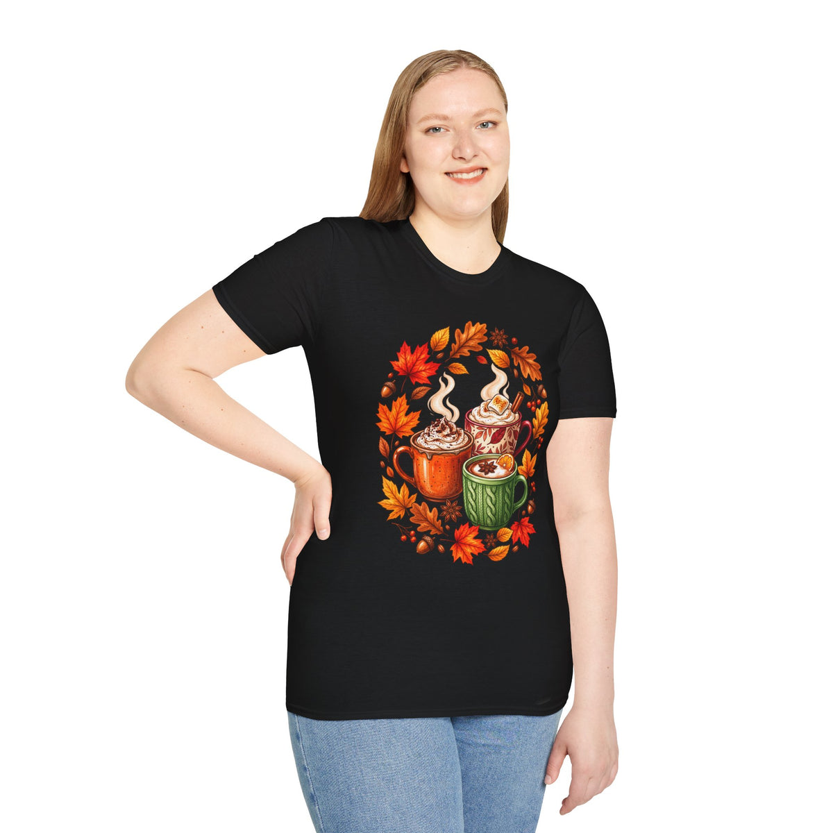 Autumn Coffee Mug Trio T-Shirt — Cozy Fall Leaves Hot Chocolate Latte Tee