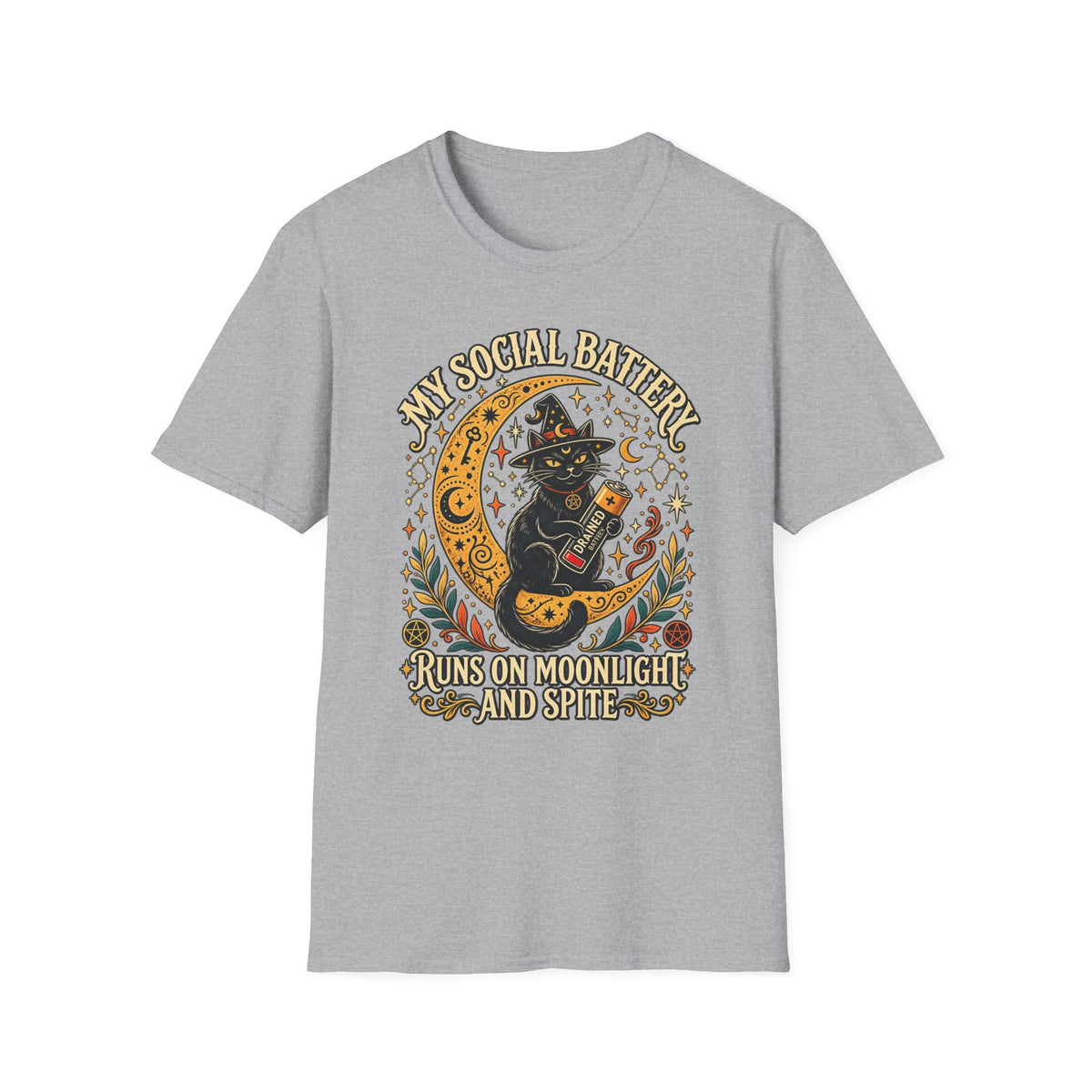T-Shirt — "My Social Battery Runs on Moonlight and Spite" Black Cat Moon Graphic