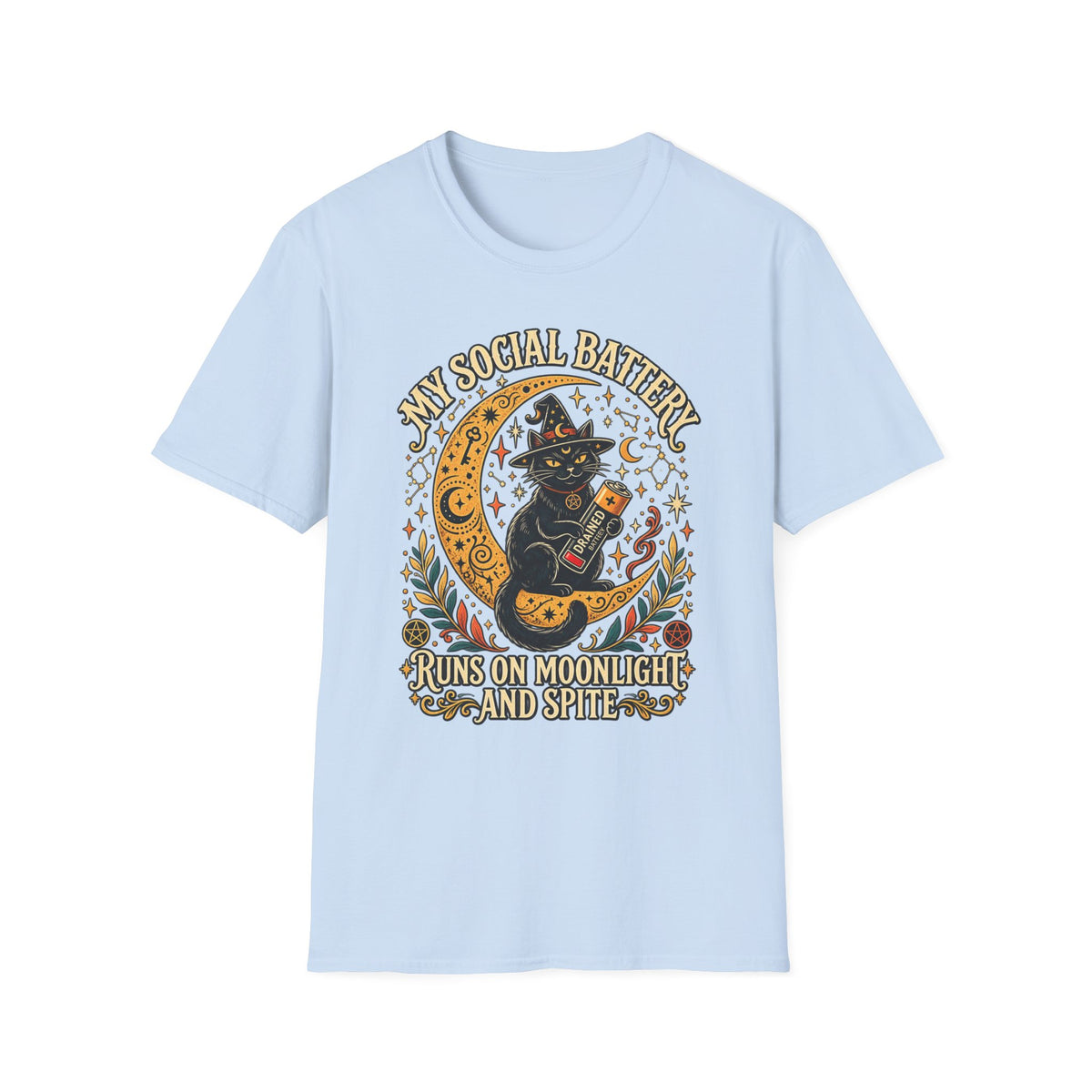 T-Shirt — "My Social Battery Runs on Moonlight and Spite" Black Cat Moon Graphic