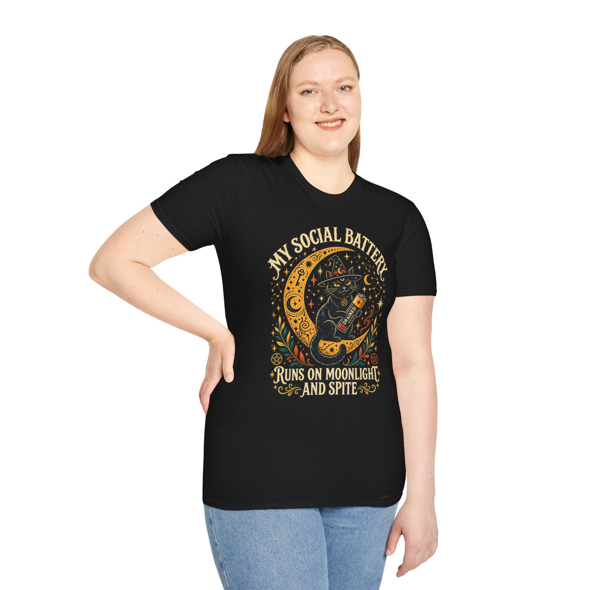 T-Shirt — "My Social Battery Runs on Moonlight and Spite" Black Cat Moon Graphic