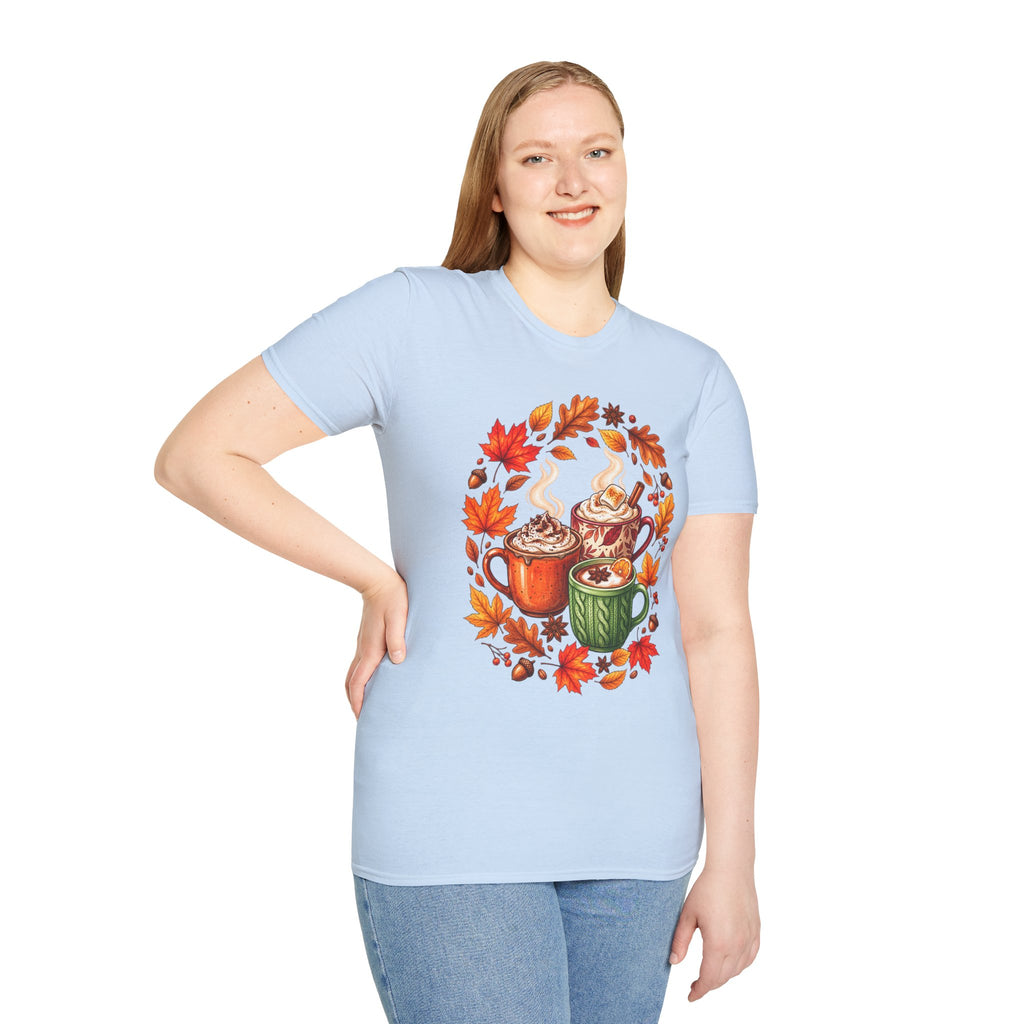Autumn Coffee Mug Trio T-Shirt — Cozy Fall Leaves Hot Chocolate Latte Tee
