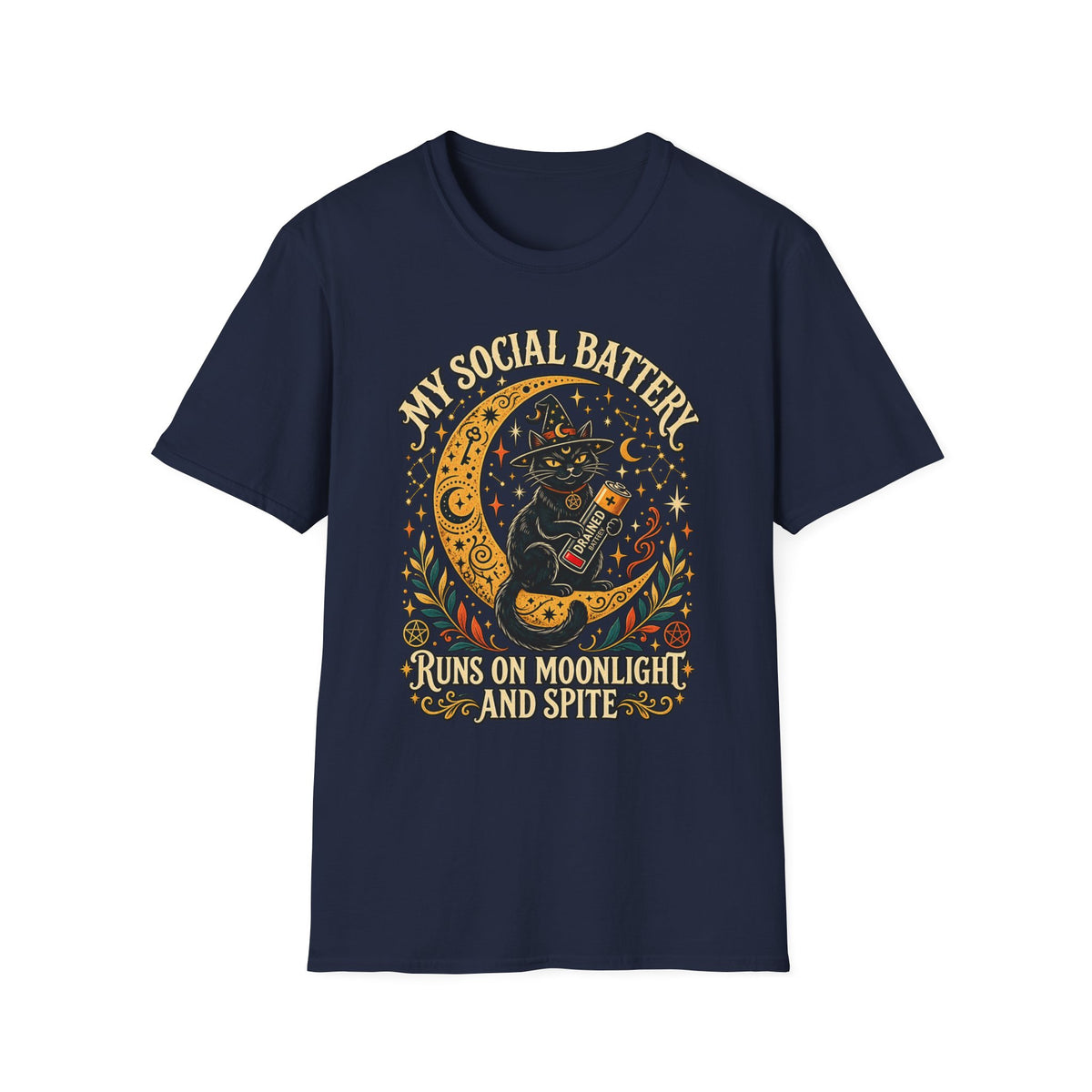T-Shirt — "My Social Battery Runs on Moonlight and Spite" Black Cat Moon Graphic