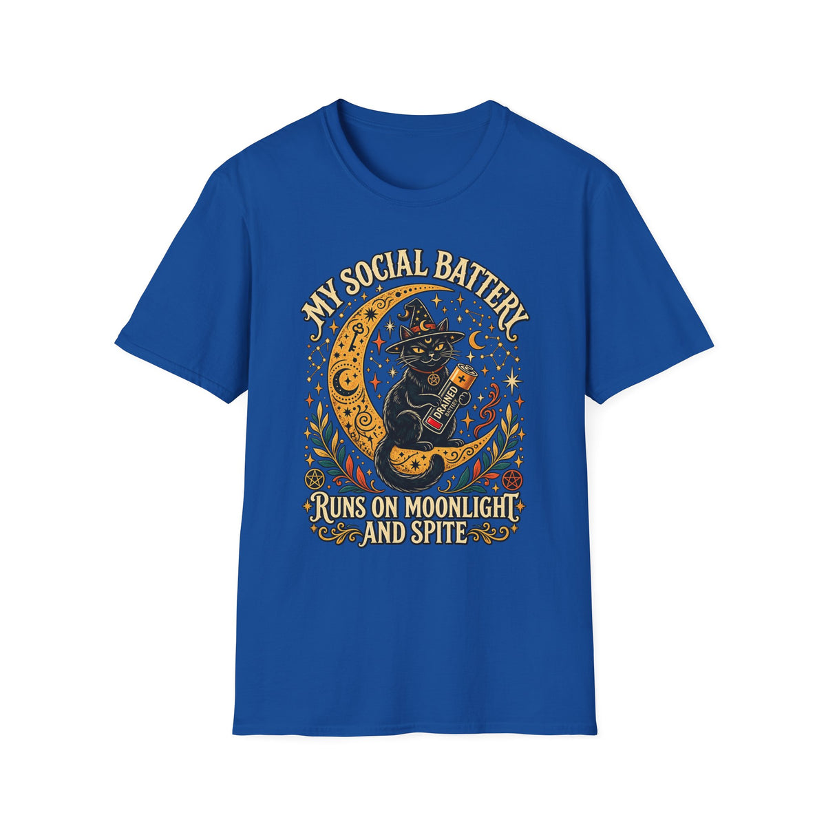 T-Shirt — "My Social Battery Runs on Moonlight and Spite" Black Cat Moon Graphic