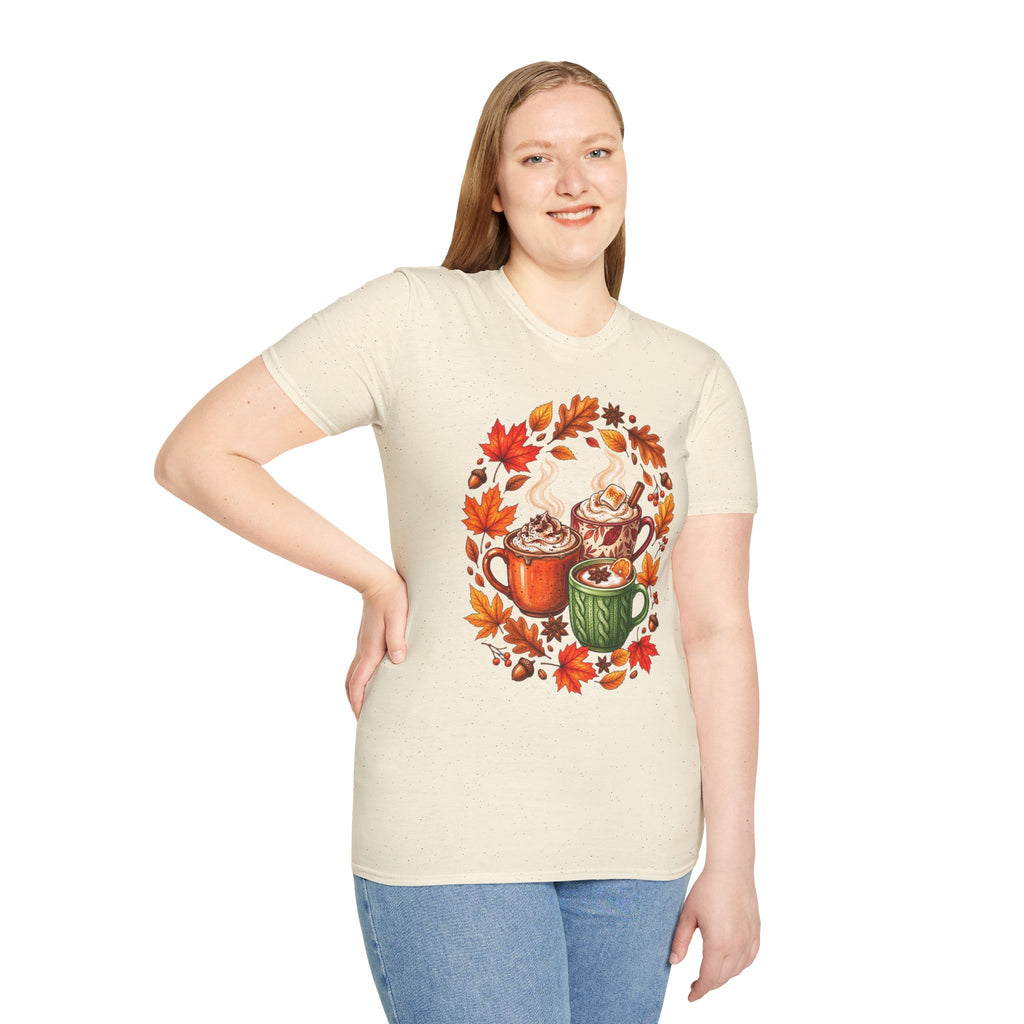 Autumn Coffee Mug Trio T-Shirt — Cozy Fall Leaves Hot Chocolate Latte Tee