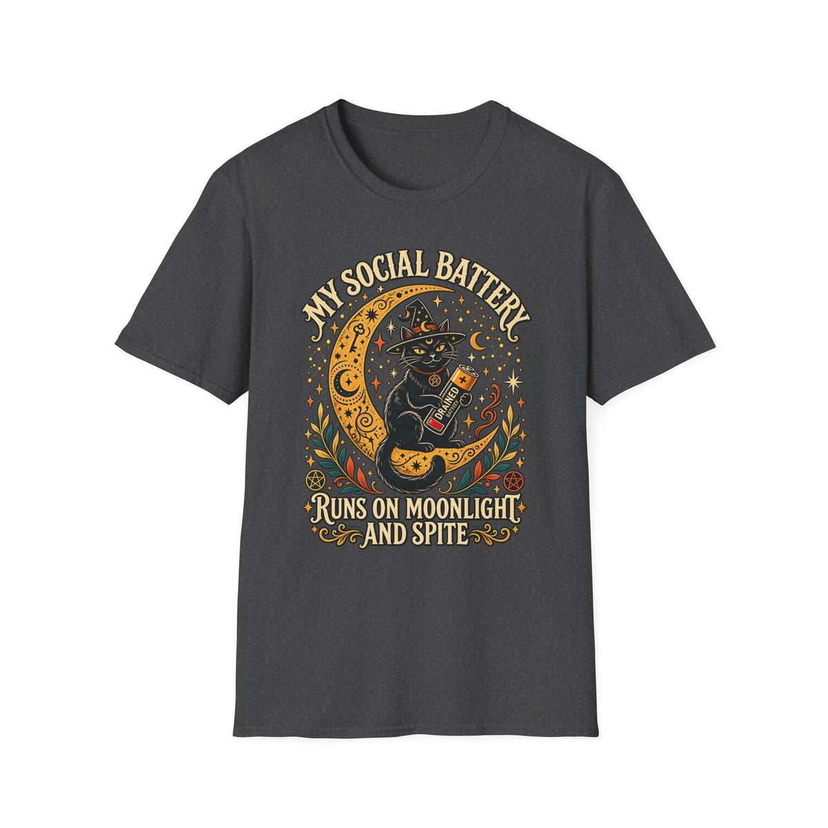T-Shirt — "My Social Battery Runs on Moonlight and Spite" Black Cat Moon Graphic
