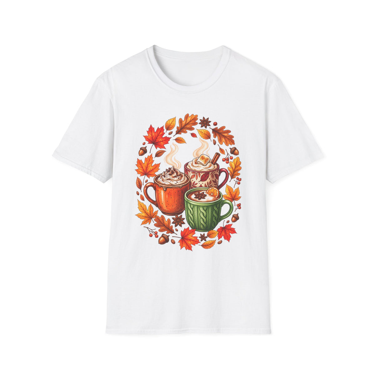 Autumn Coffee Mug Trio T-Shirt — Cozy Fall Leaves Hot Chocolate Latte Tee