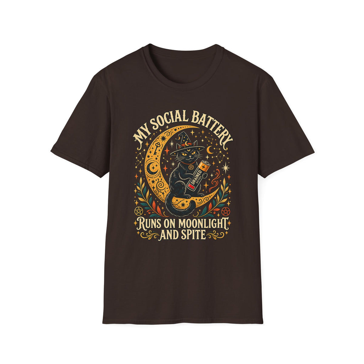 T-Shirt — "My Social Battery Runs on Moonlight and Spite" Black Cat Moon Graphic