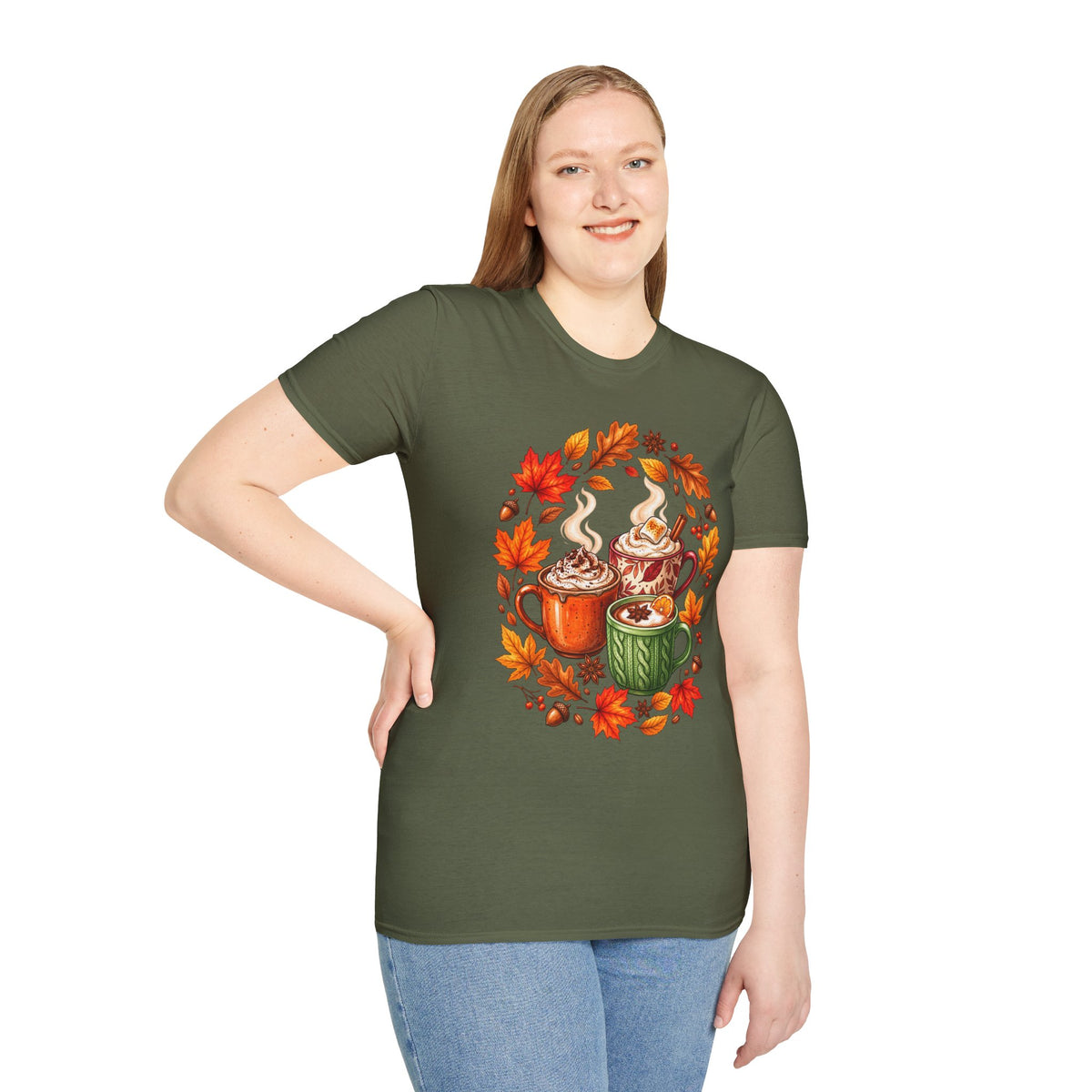 Autumn Coffee Mug Trio T-Shirt — Cozy Fall Leaves Hot Chocolate Latte Tee