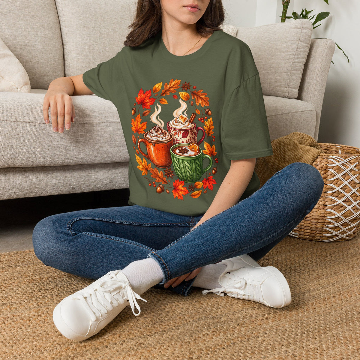 Autumn Coffee Mug Trio T-Shirt — Cozy Fall Leaves Hot Chocolate Latte Tee