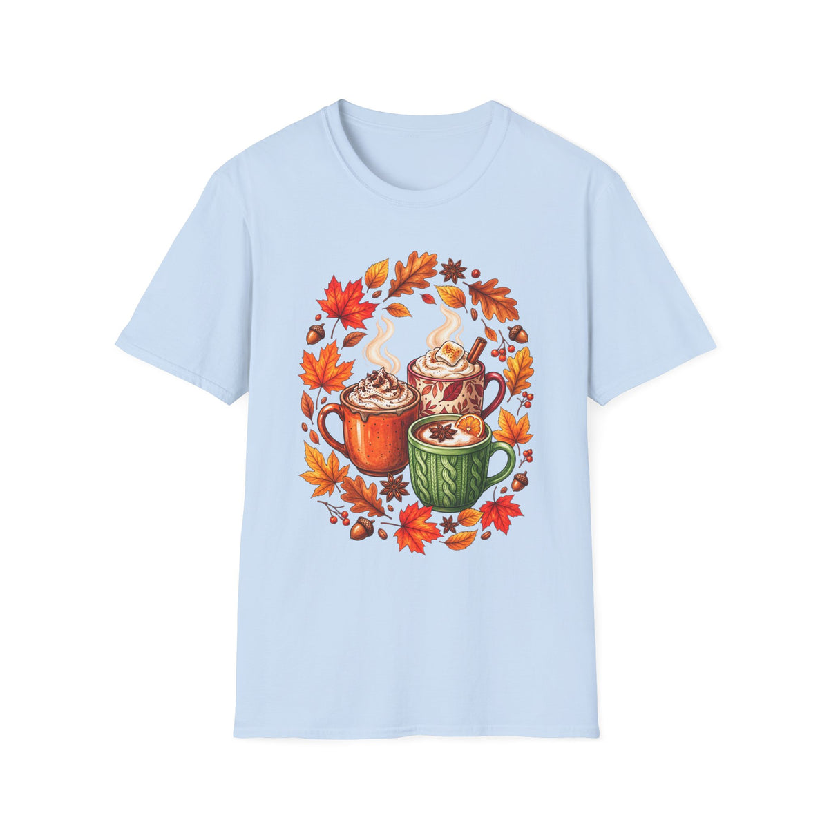 Autumn Coffee Mug Trio T-Shirt — Cozy Fall Leaves Hot Chocolate Latte Tee
