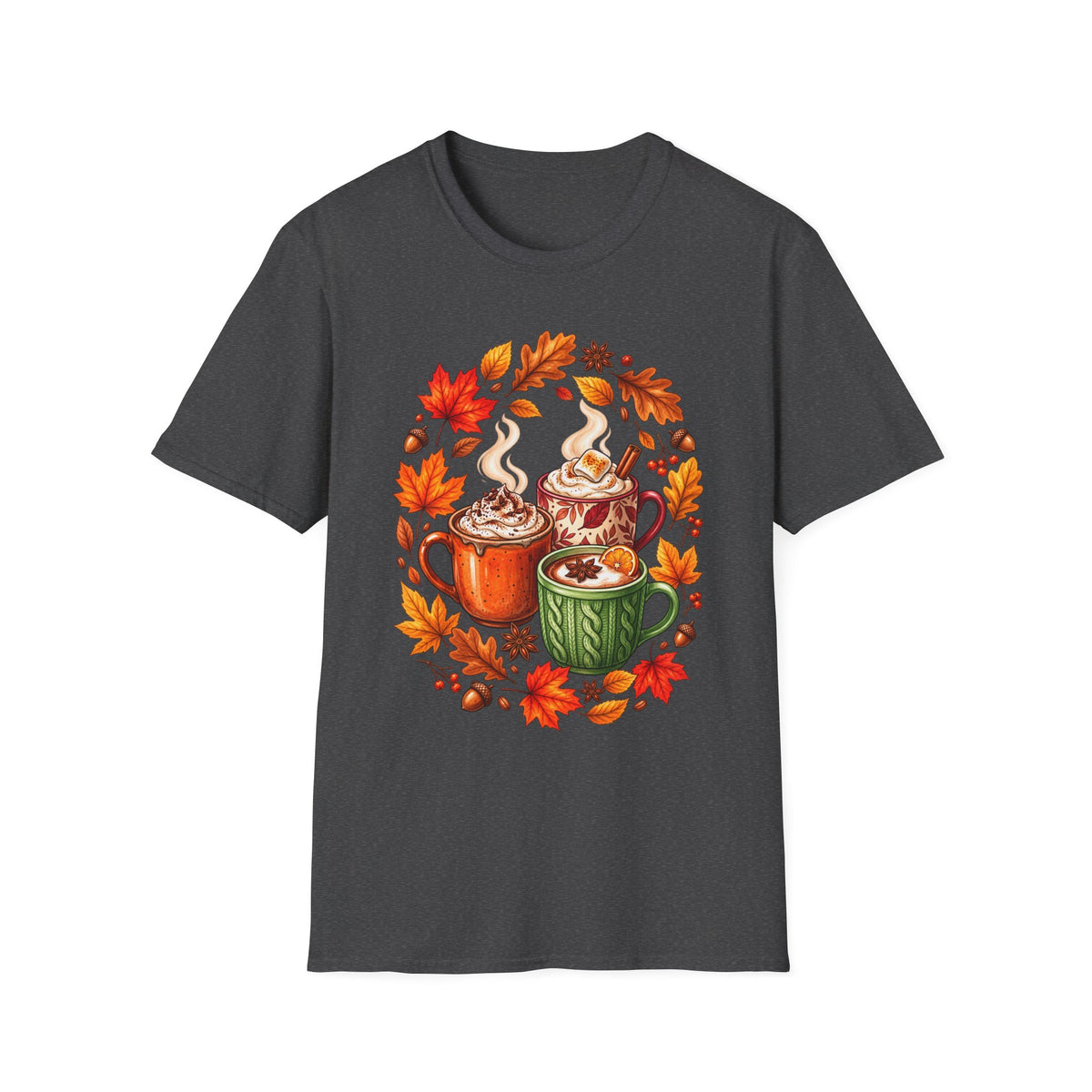 Autumn Coffee Mug Trio T-Shirt — Cozy Fall Leaves Hot Chocolate Latte Tee