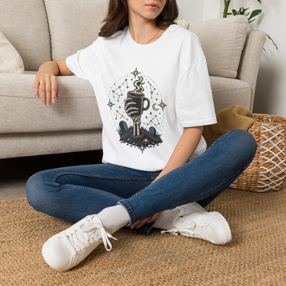 Occult Coffee Skeletal Hand Graphic Tee - Sarcastic Unisex T-Shirt